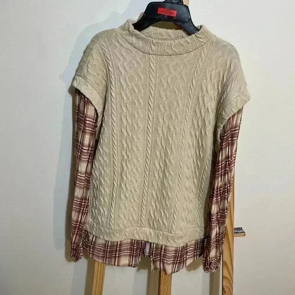 Maurices sweater with look of shirt underneath, plaid/tan size small